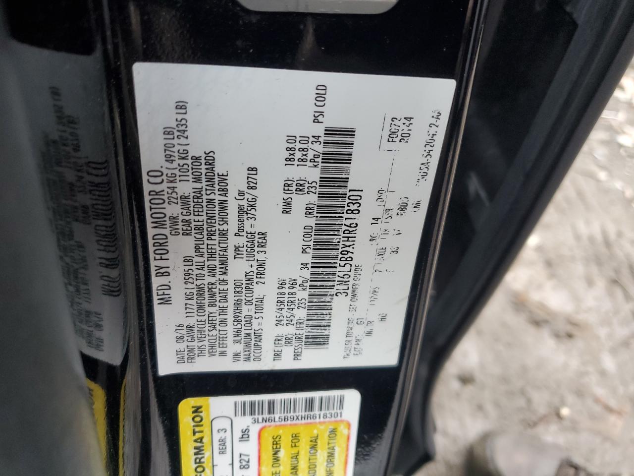 2017 Lincoln Mkz Premiere VIN: 3LN6L5B9XHR618301 Lot: 85375604