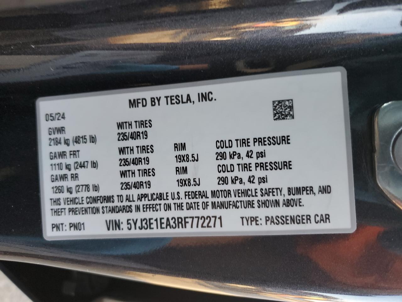 2024 Tesla Model 3 VIN: 5YJ3E1EA3RF772271 Lot: 84661134