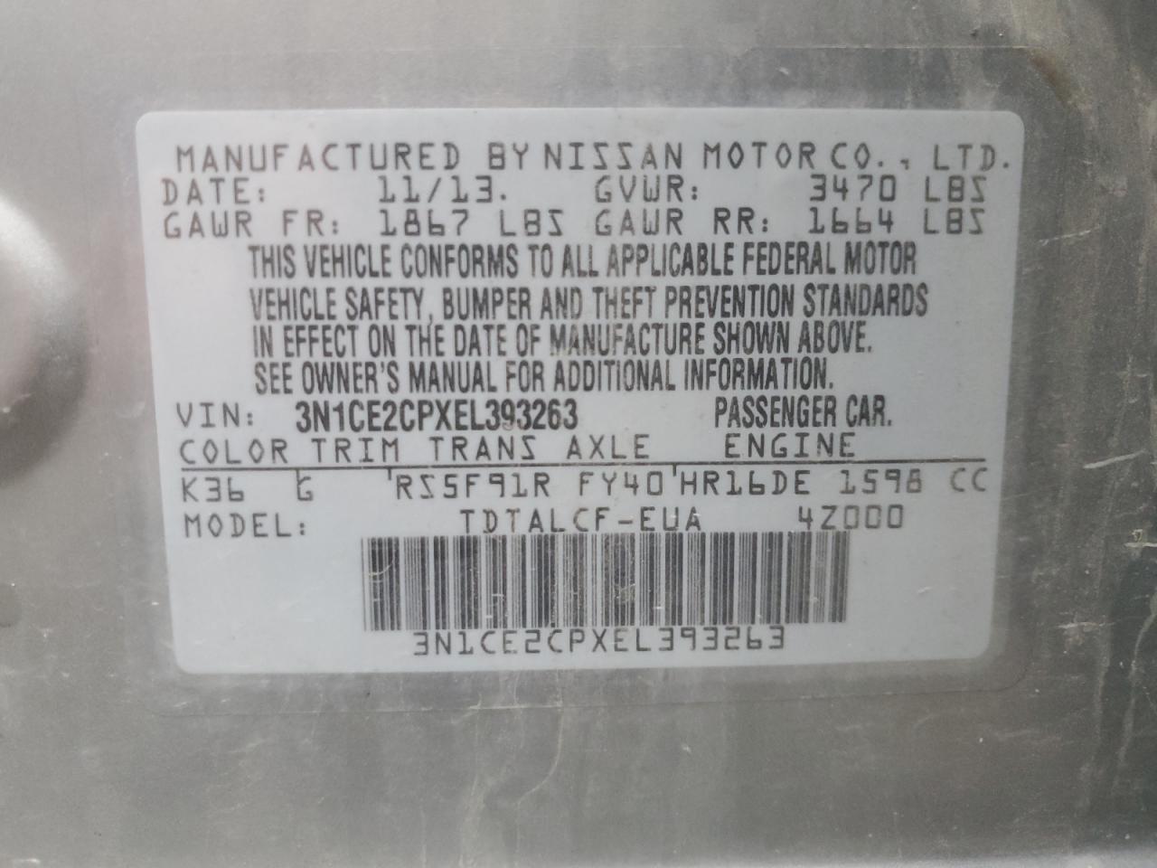 VIN 3N1CE2CPXEL393263 2014 NISSAN VERSA no.12