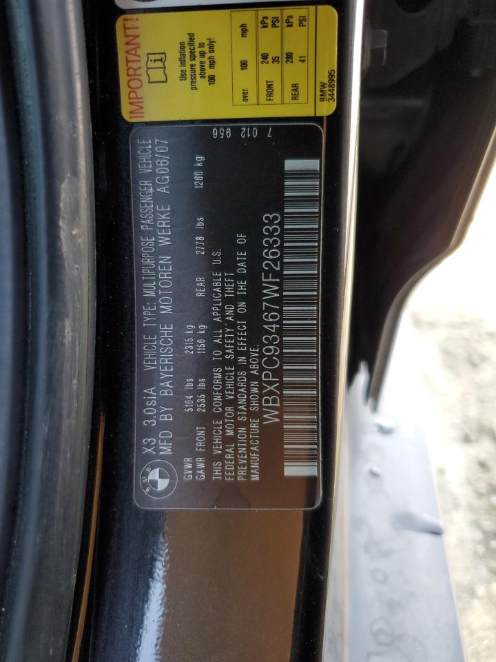 2007 BMW X3 3.0Si VIN: WBXPC93467WF26333 Lot: 83570904