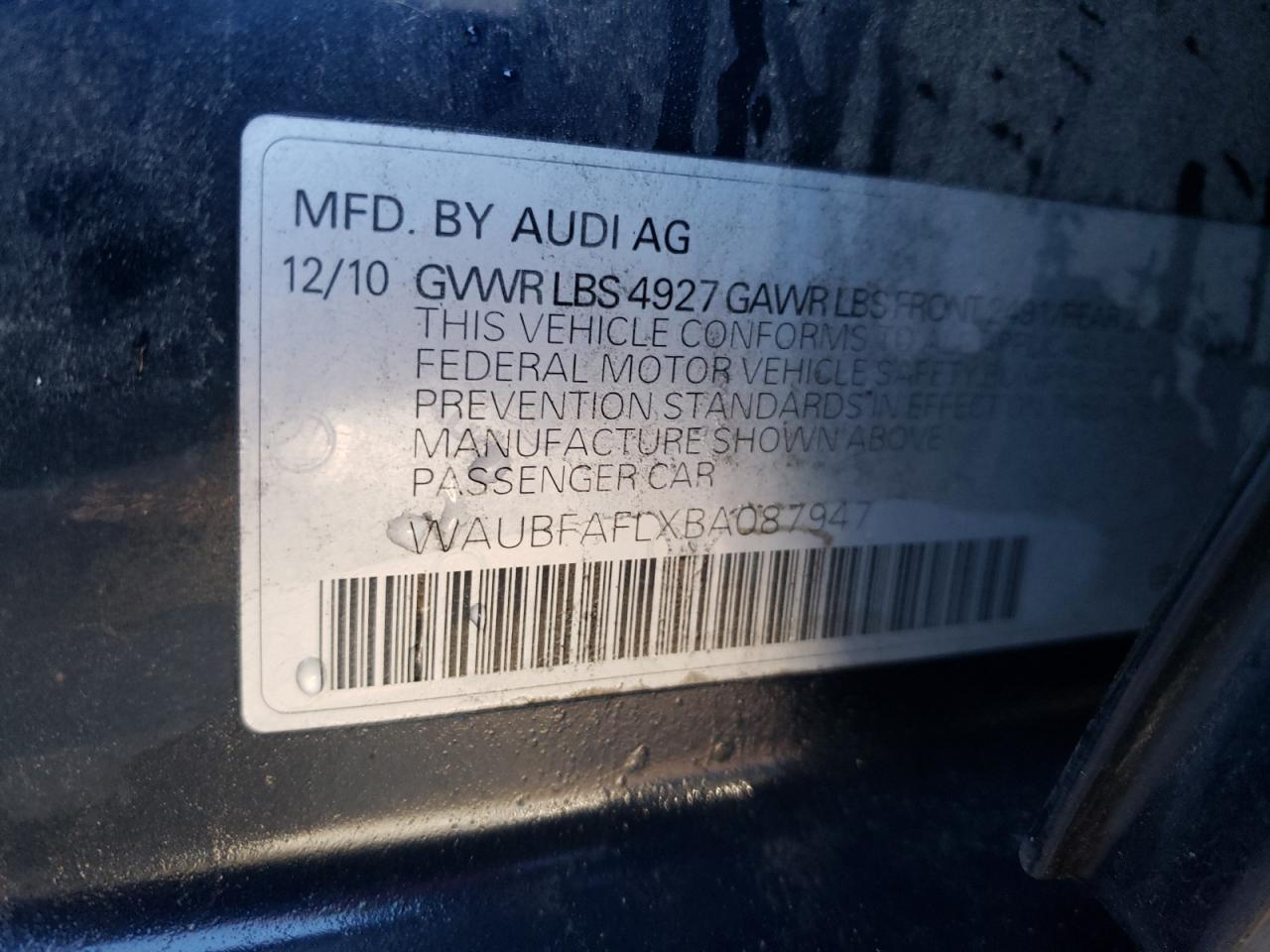 2011 Audi A4 Premium VIN: WAUBFAFLXBA087947 Lot: 83013154