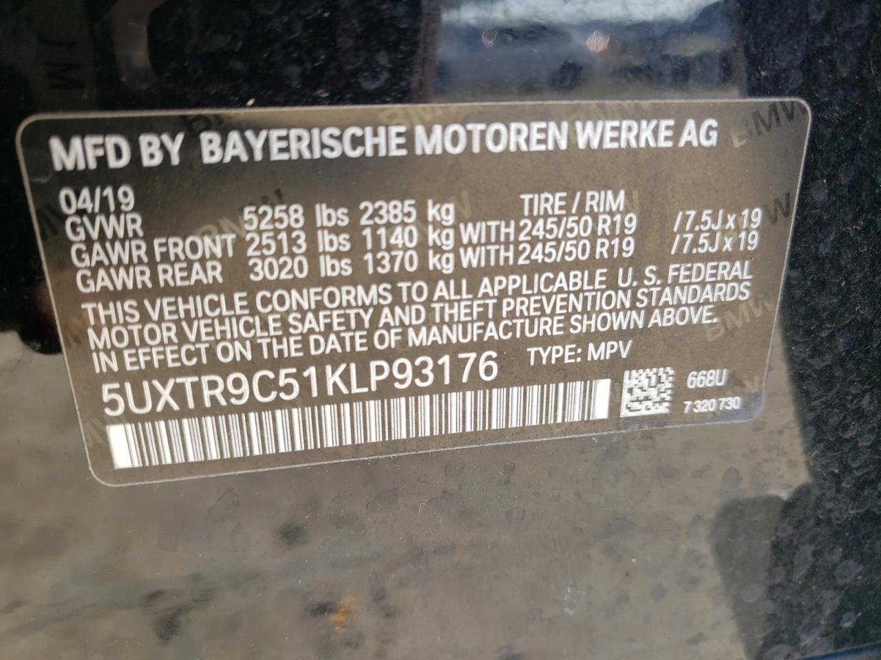 VIN 5UXTR9C51KLP93176 2019 BMW X3 no.13