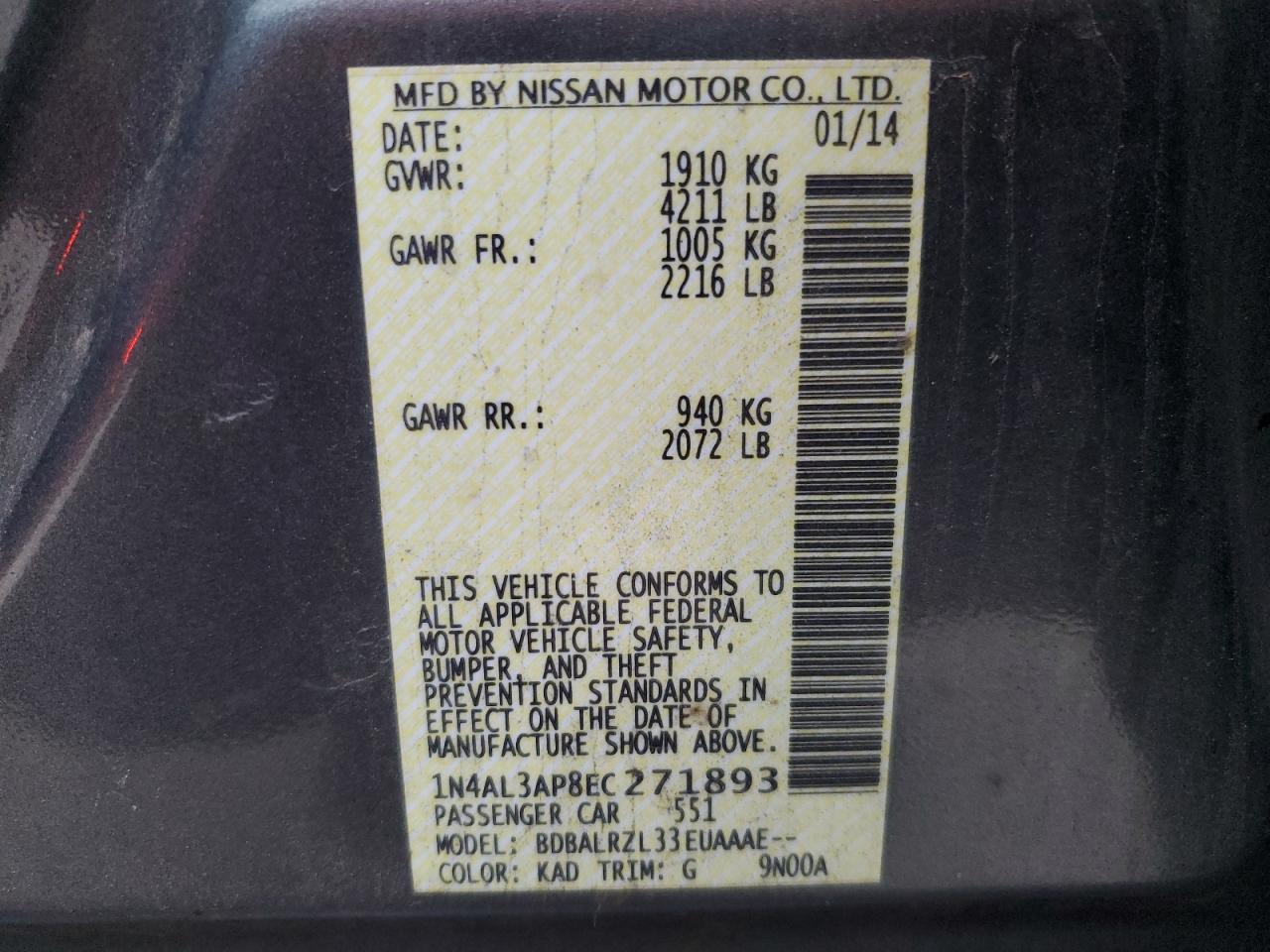 VIN 1N4AL3AP8EC271893 2014 NISSAN ALTIMA no.12