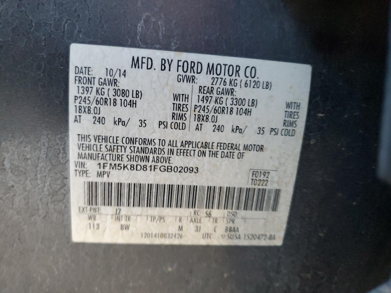 VIN 1FM5K8D81FGB02093 2015 FORD EXPLORER no.13