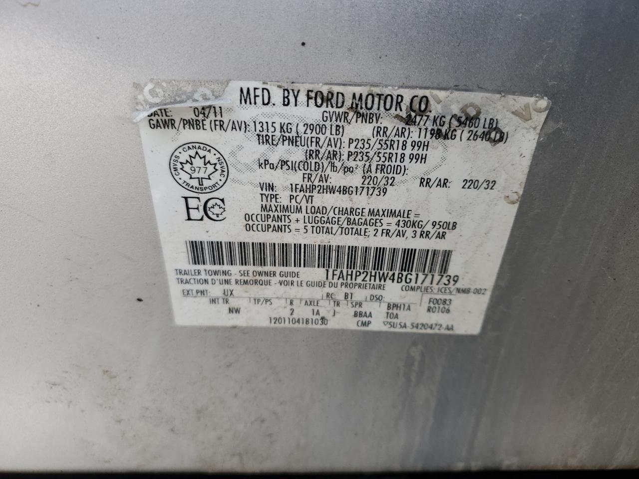 2011 Ford Taurus Sel VIN: 1FAHP2HW4BG171739 Lot: 64656674