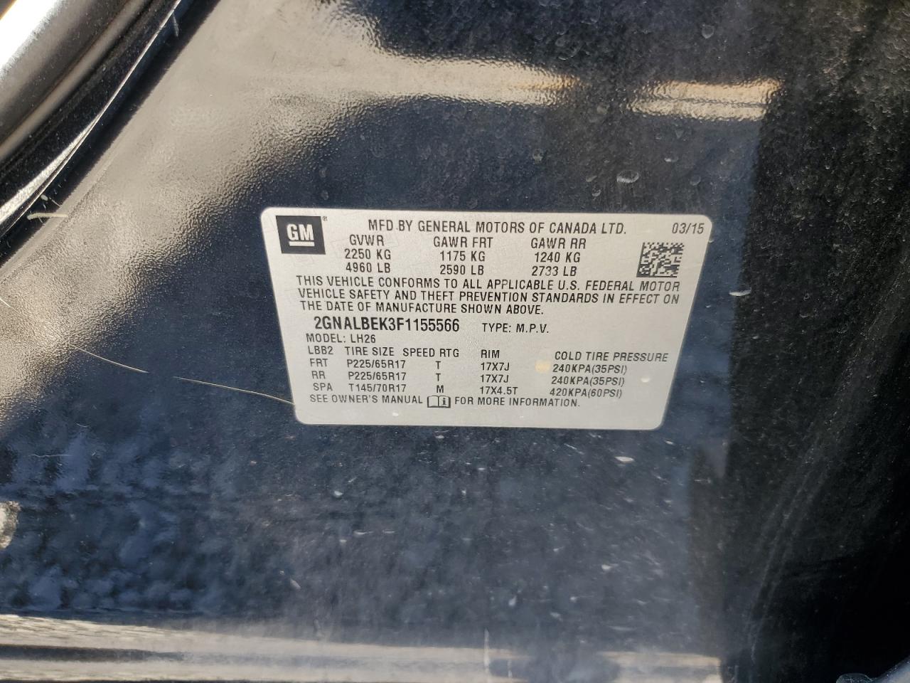 2015 Chevrolet Equinox Lt VIN: 2GNALBEK3F1155566 Lot: 85297414