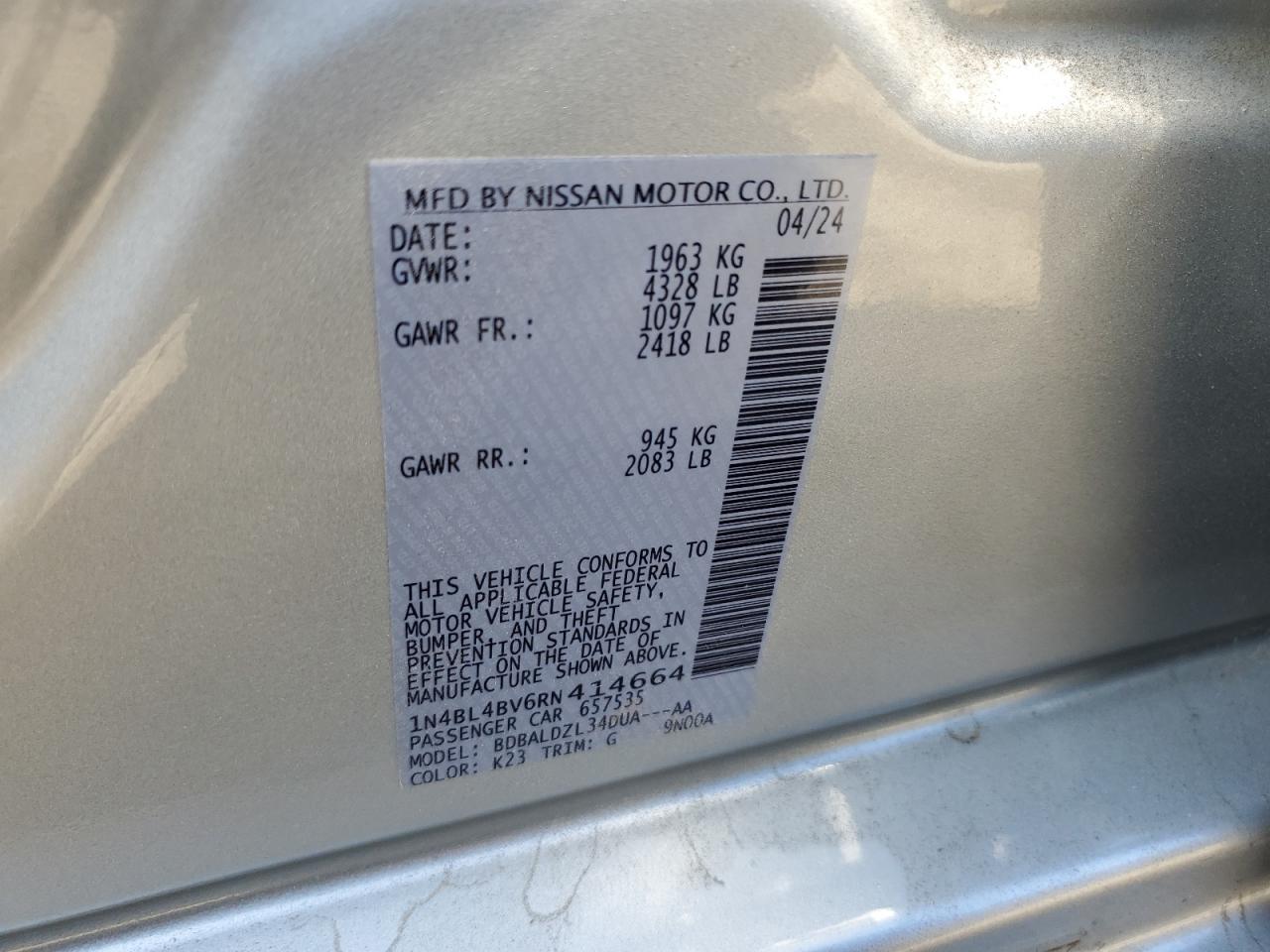 VIN 1N4BL4BV6RN414664 2024 NISSAN ALTIMA no.12