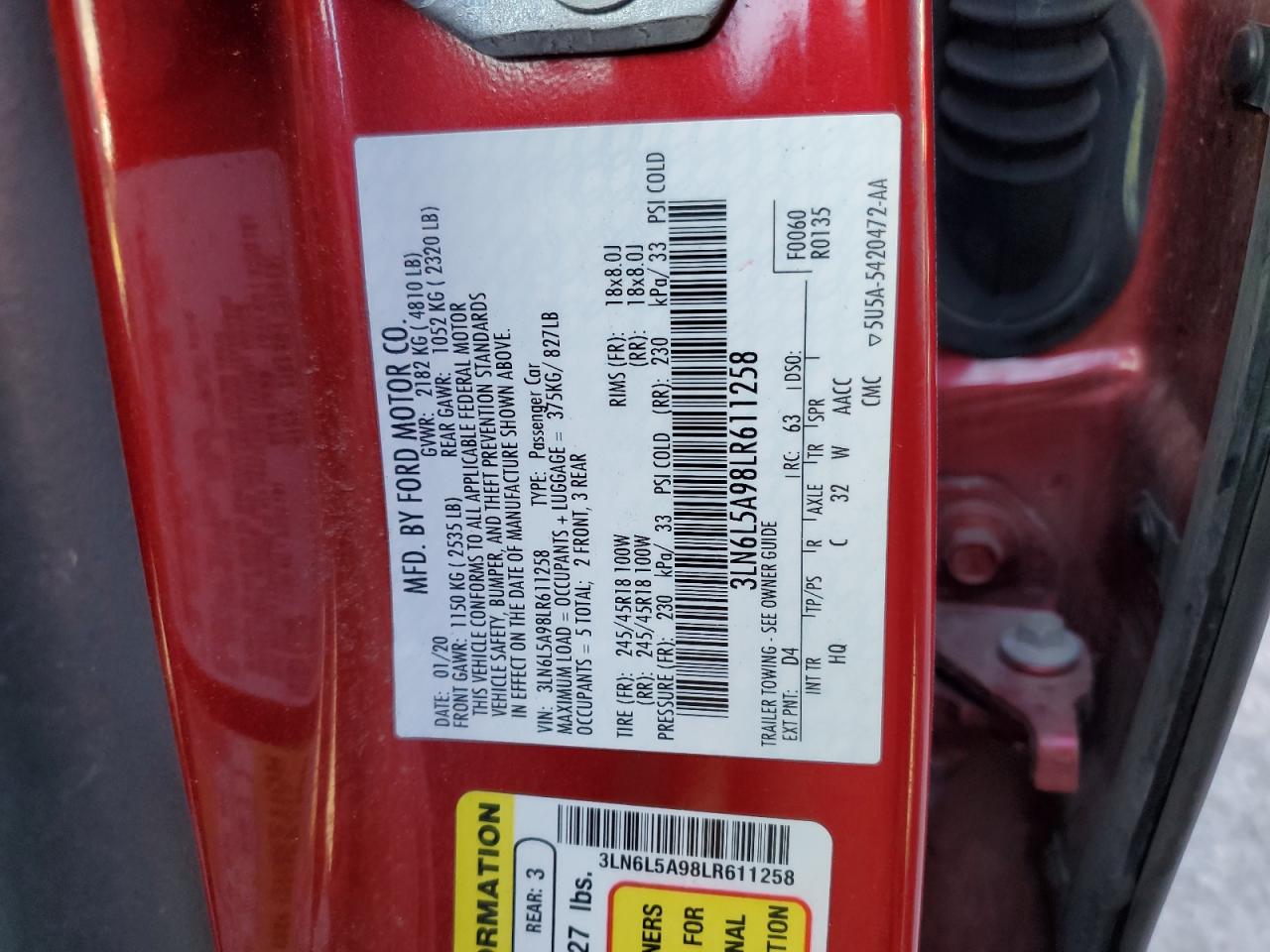 2020 Lincoln Mkz VIN: 3LN6L5A98LR611258 Lot: 83200184