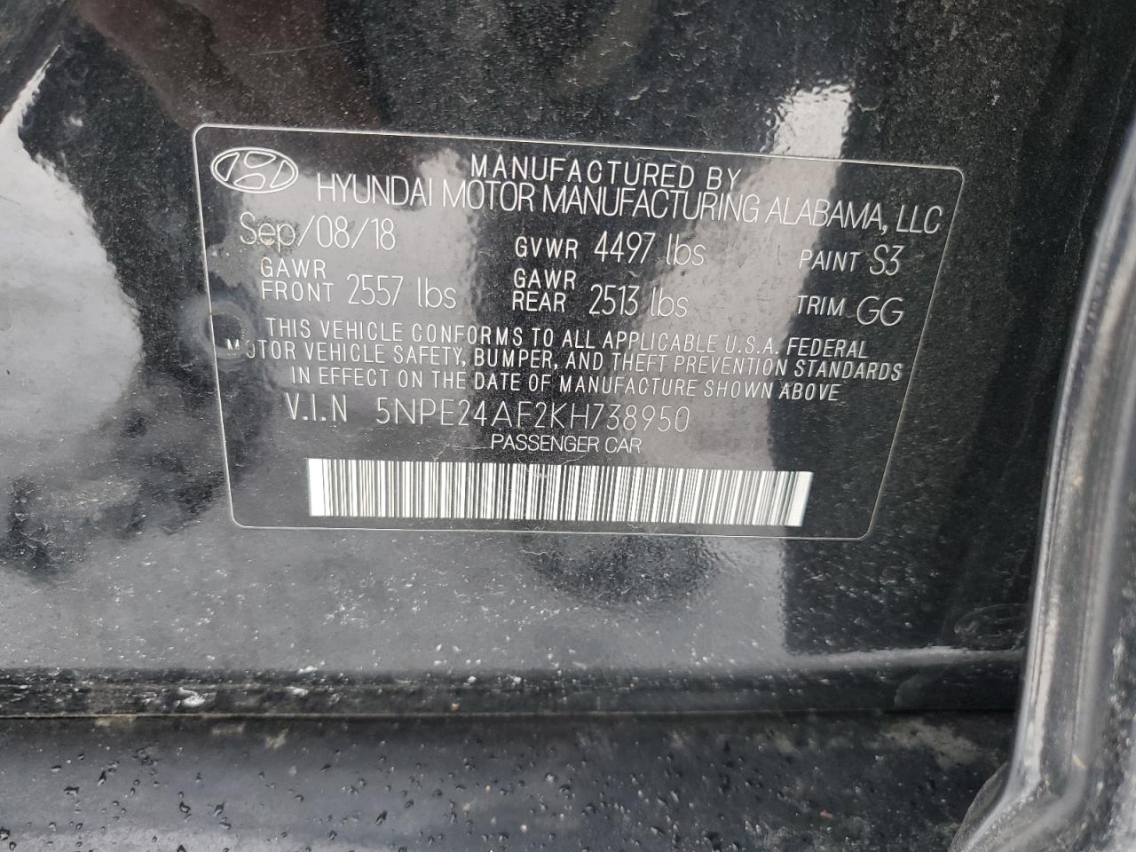 VIN 5NPE24AF2KH738950 2019 HYUNDAI SONATA no.13