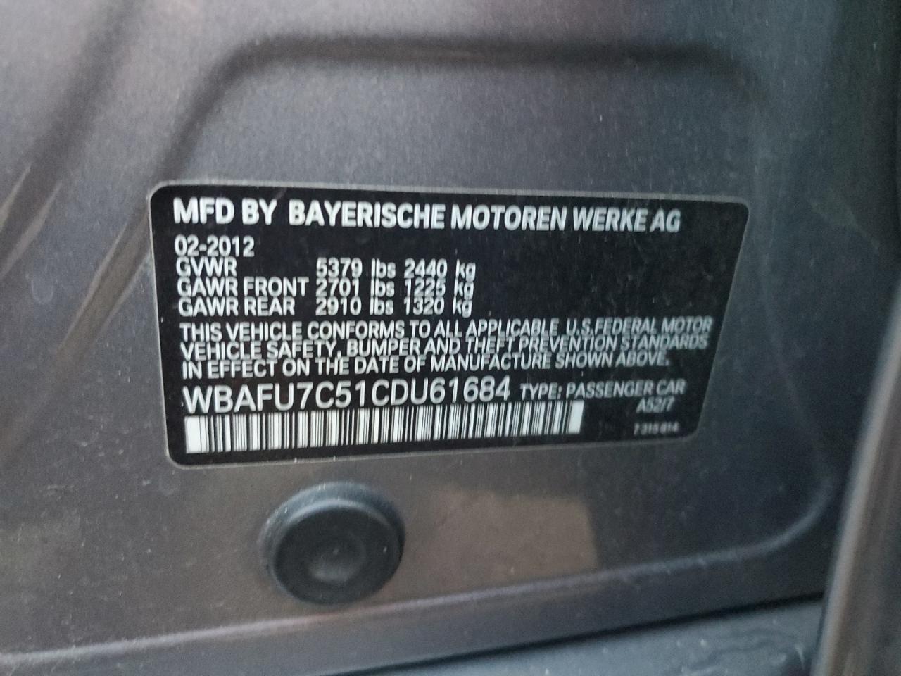 2012 BMW 535 Xi VIN: WBAFU7C51CDU61684 Lot: 86275684