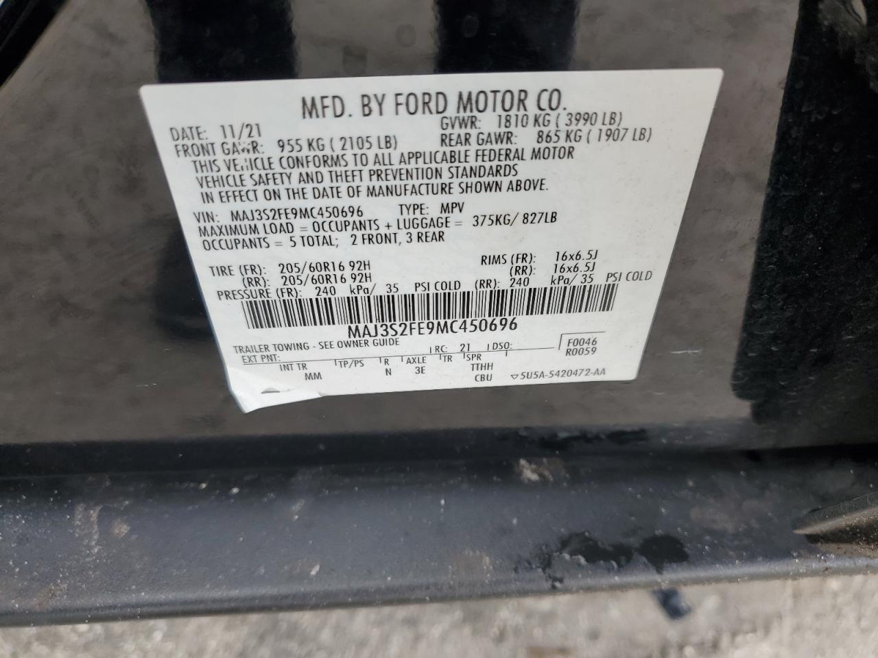 2021 Ford Ecosport S VIN: MAJ3S2FE9MC450696 Lot: 86416754