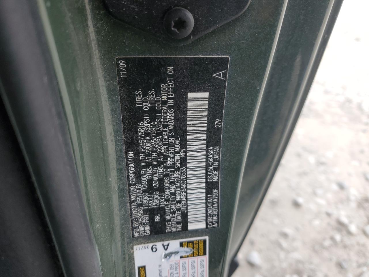 2010 Toyota Fj Cruiser VIN: JTEBU4BF6AK078533 Lot: 86083334