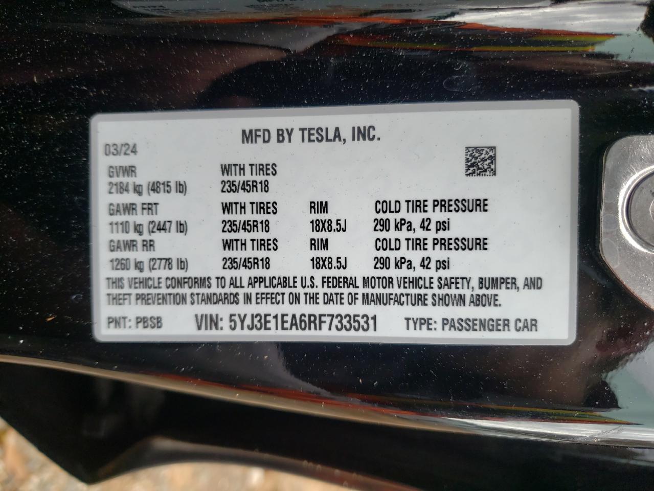 2024 Tesla Model 3 VIN: 5YJ3E1EA6RF733531 Lot: 85136614