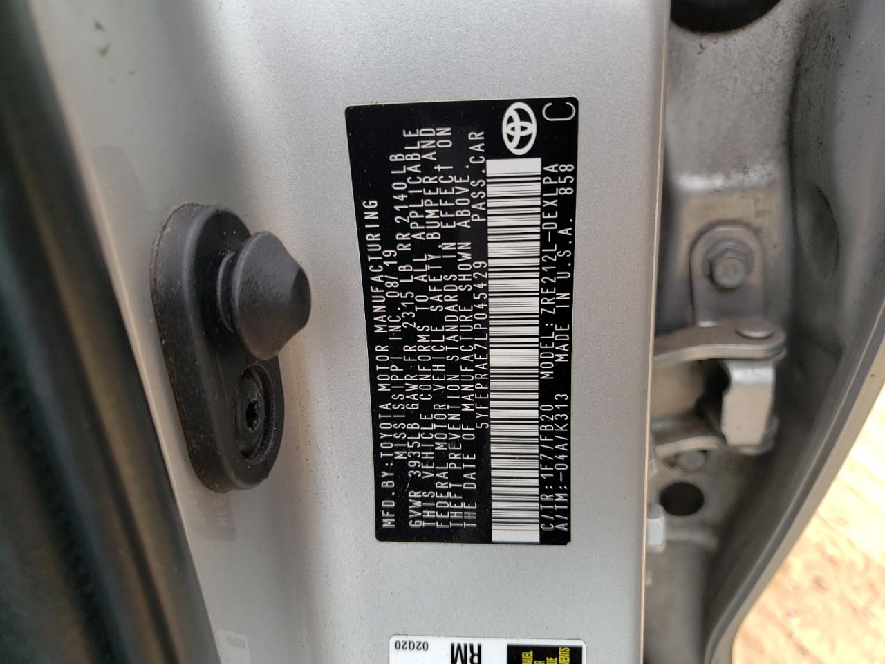 2020 Toyota Corolla Le VIN: 5YFEPRAE7LP045429 Lot: 84637934