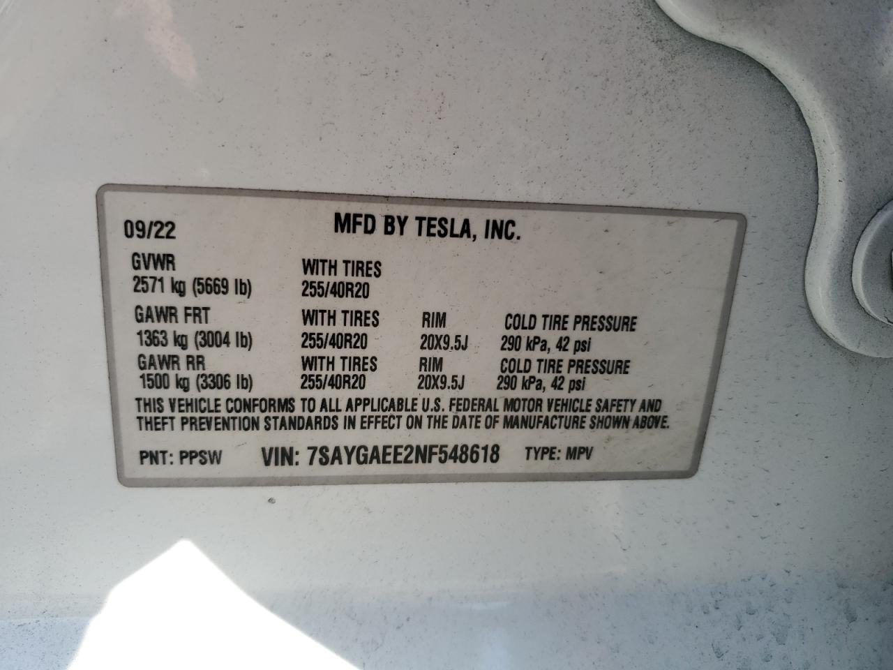 VIN 7SAYGAEE2NF548618 2022 TESLA MODEL Y no.12