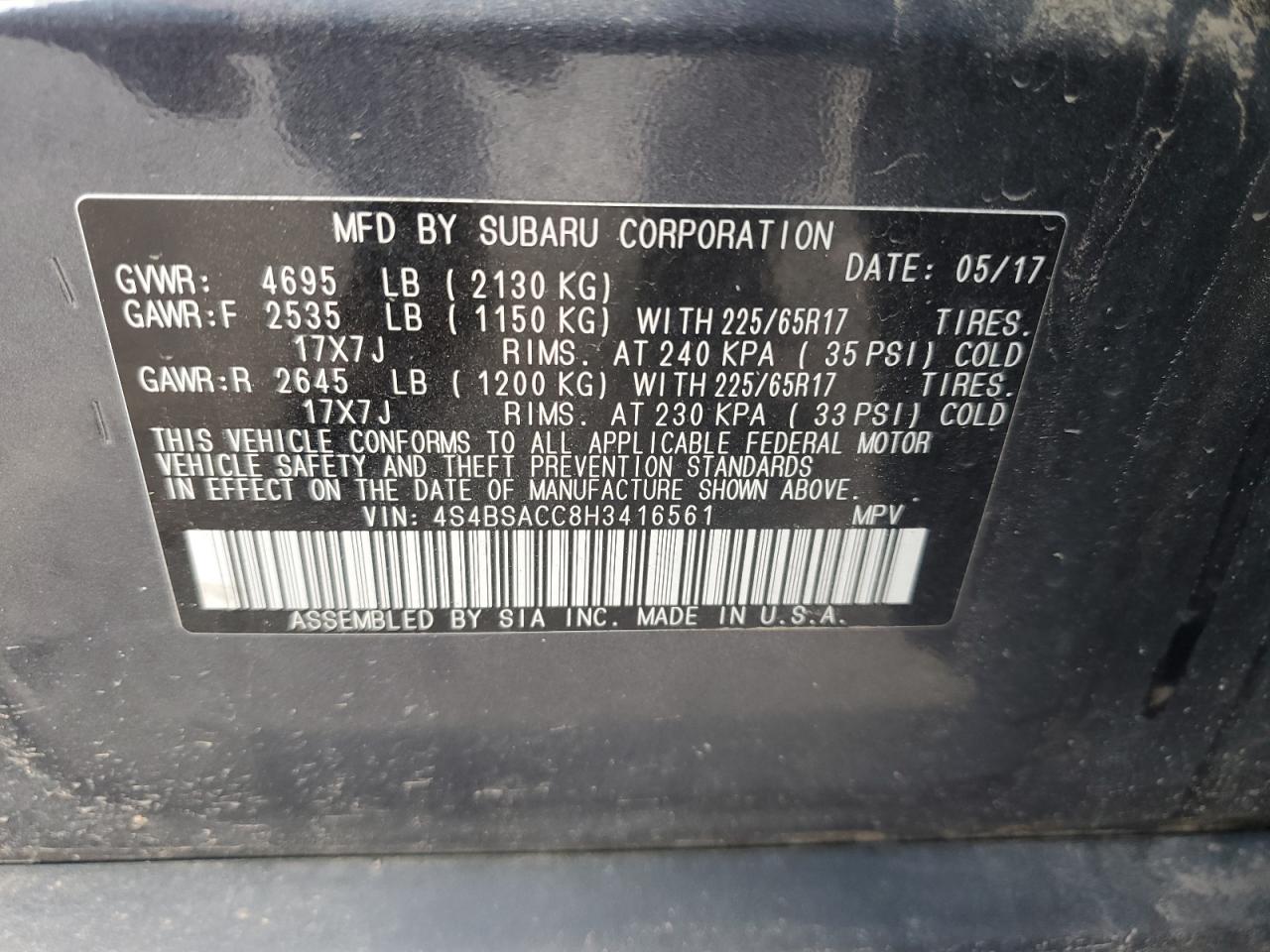 VIN 4S4BSACC8H3416561 2017 SUBARU LEGACY no.13