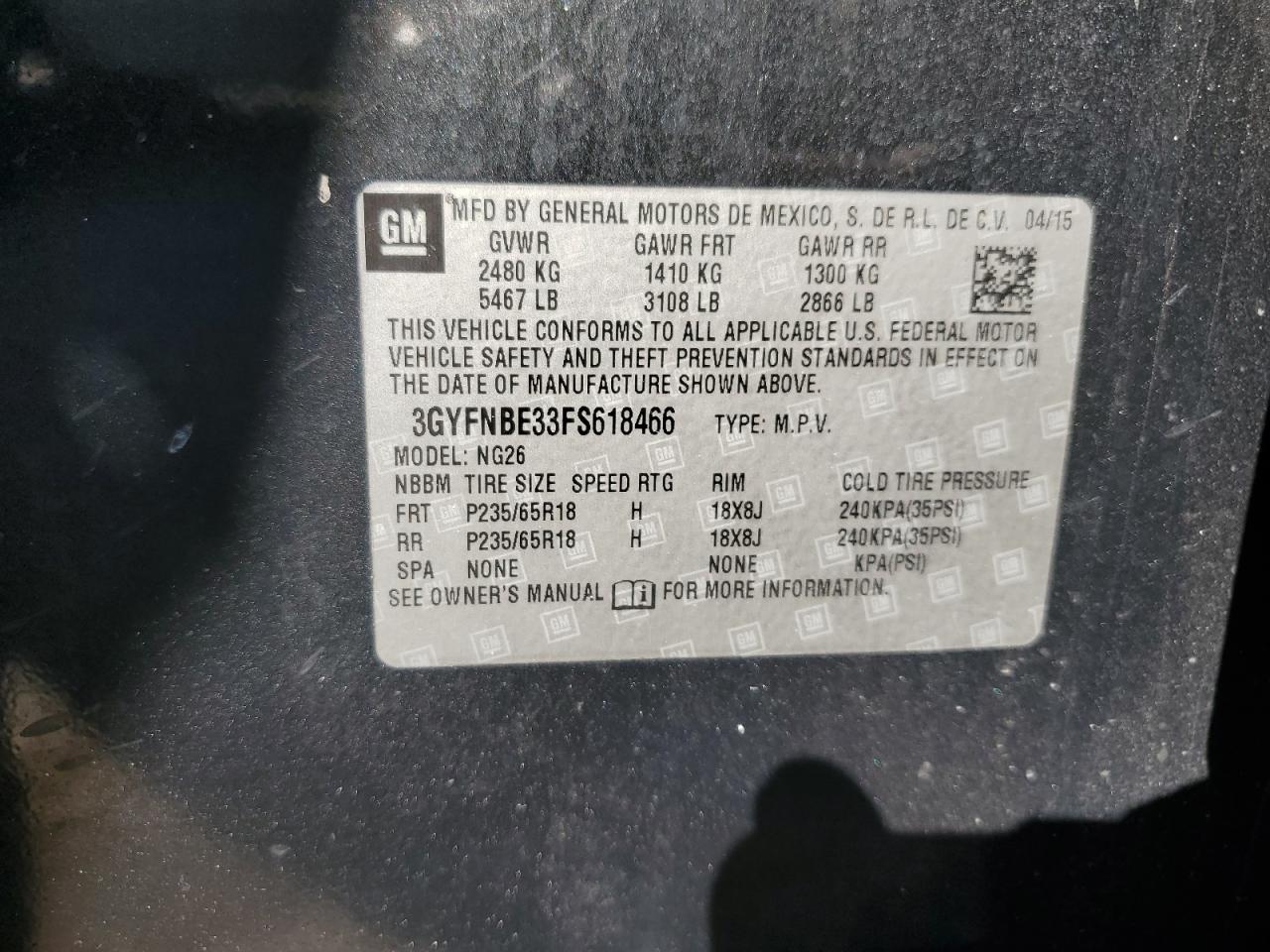 2015 Cadillac Srx Luxury Collection VIN: 3GYFNBE33FS618466 Lot: 85552884