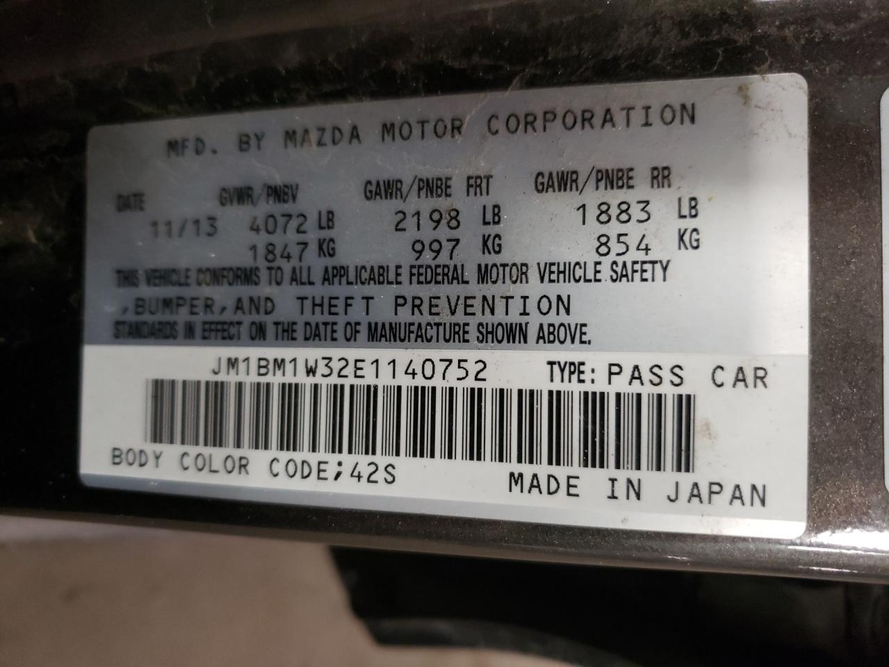 VIN JM1BM1W32E1140752 2014 MAZDA 3 no.12