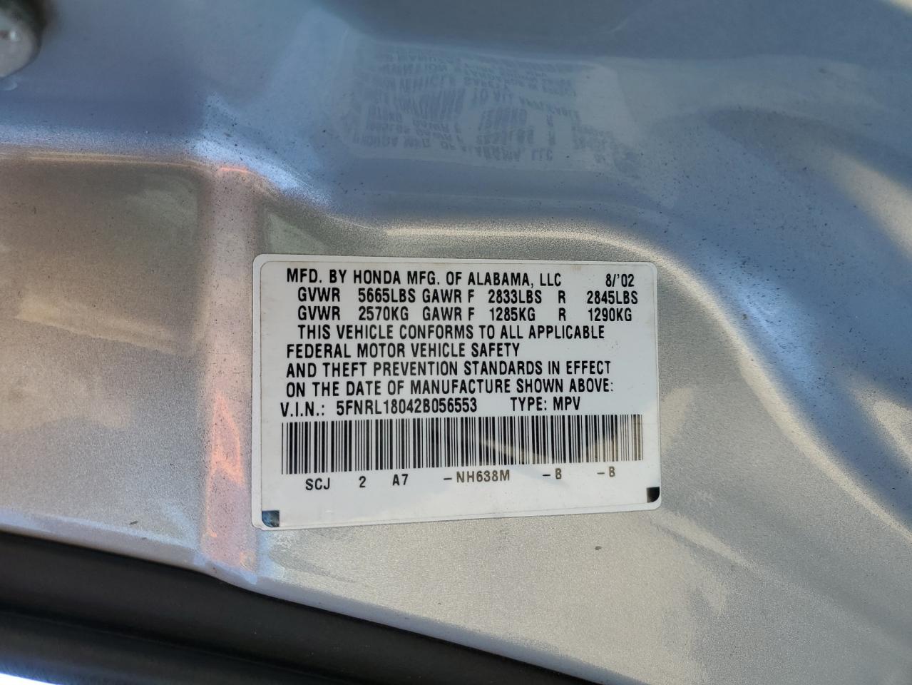 2002 Honda Odyssey Exl VIN: 5FNRL18042B056553 Lot: 87233104