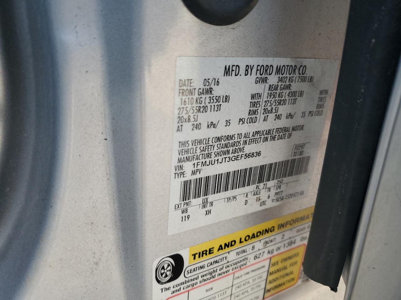 2016 Ford Expedition Xlt VIN: 1FMJU1JT3GEF56836 Lot: 85102384