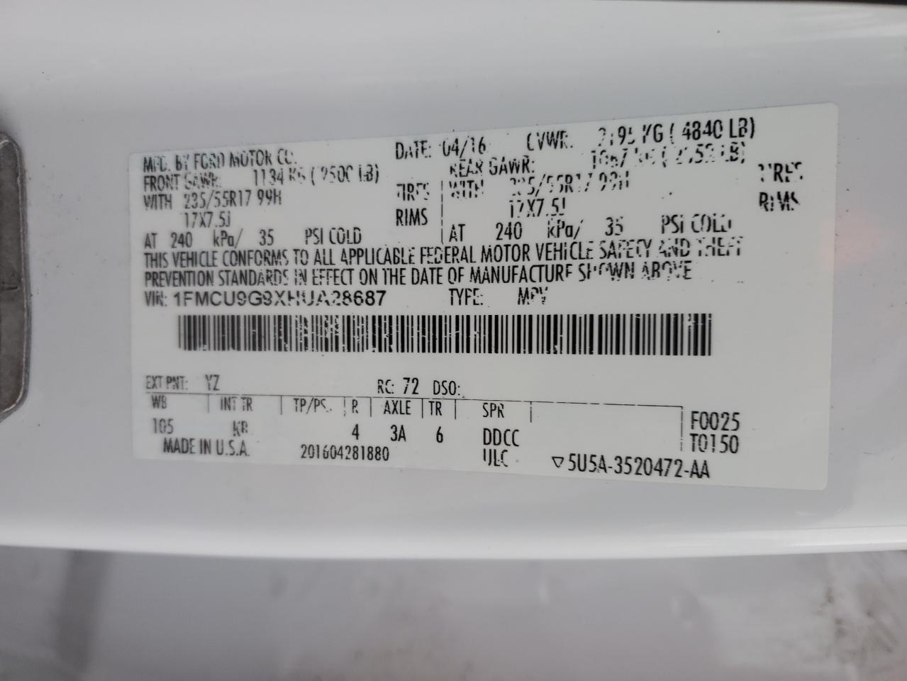 VIN 1FMCU9G9XHUA28687 2017 FORD ESCAPE no.13