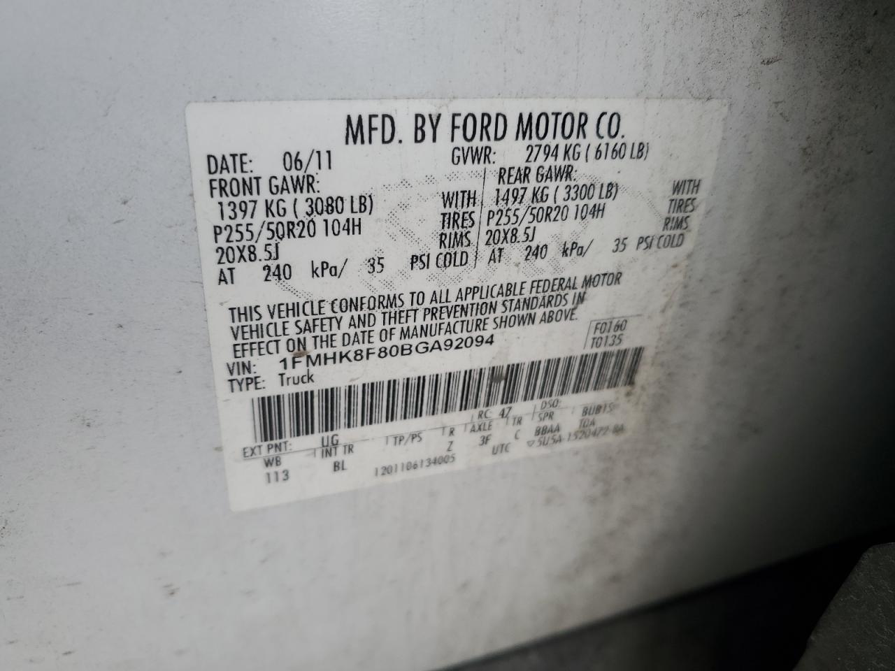 2011 Ford Explorer Limited VIN: 1FMHK8F80BGA92094 Lot: 86129474