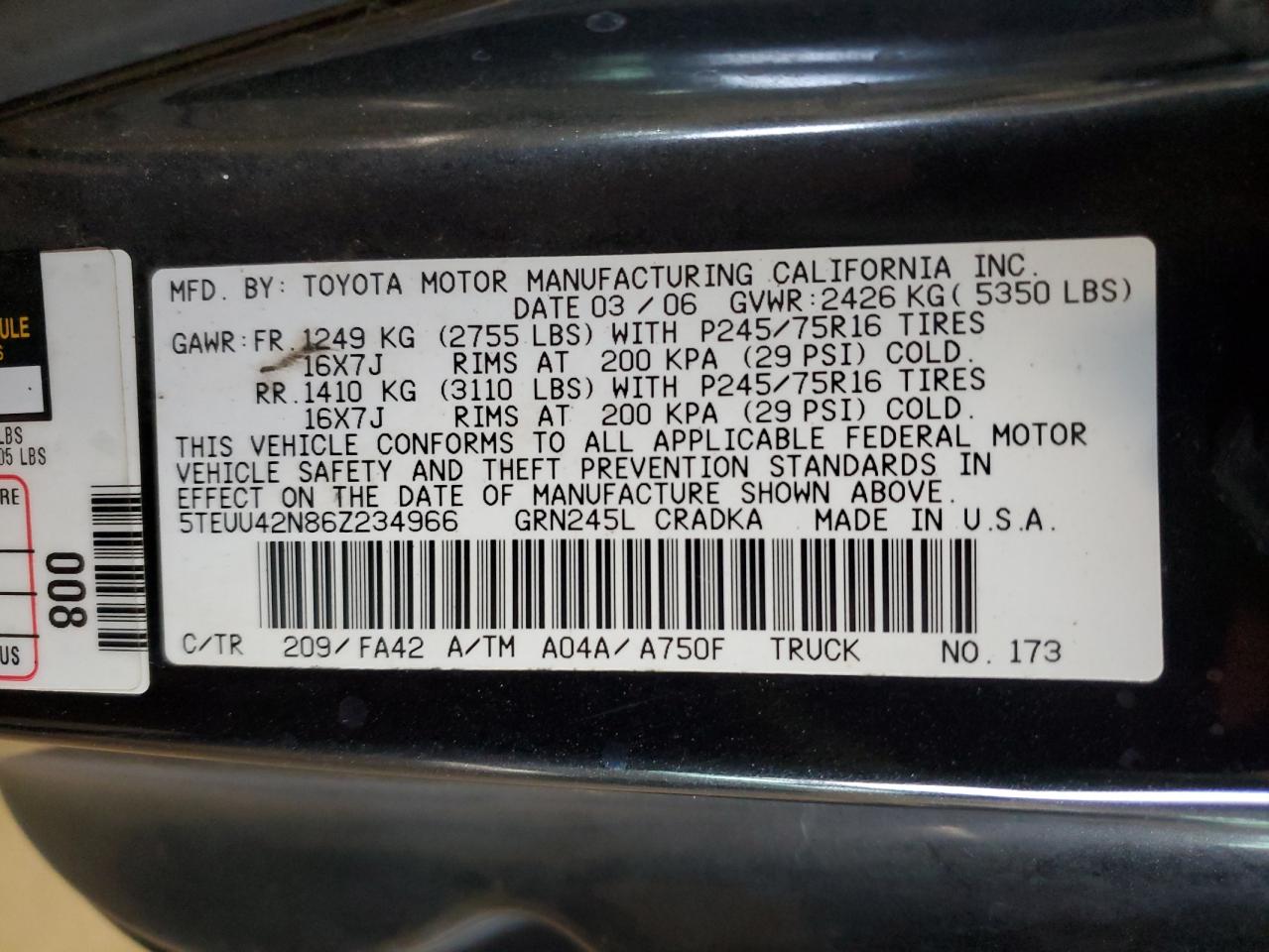 2006 Toyota Tacoma Access Cab VIN: 5TEUU42N86Z234966 Lot: 84150134