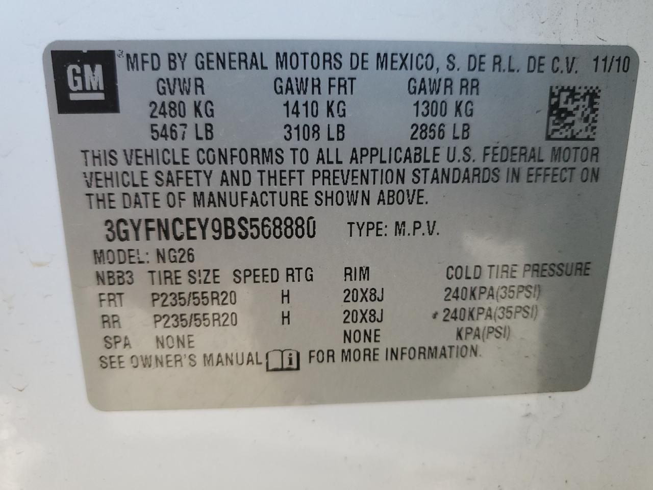 2011 Cadillac Srx Premium Collection VIN: 3GYFNCEY9BS568880 Lot: 84961984