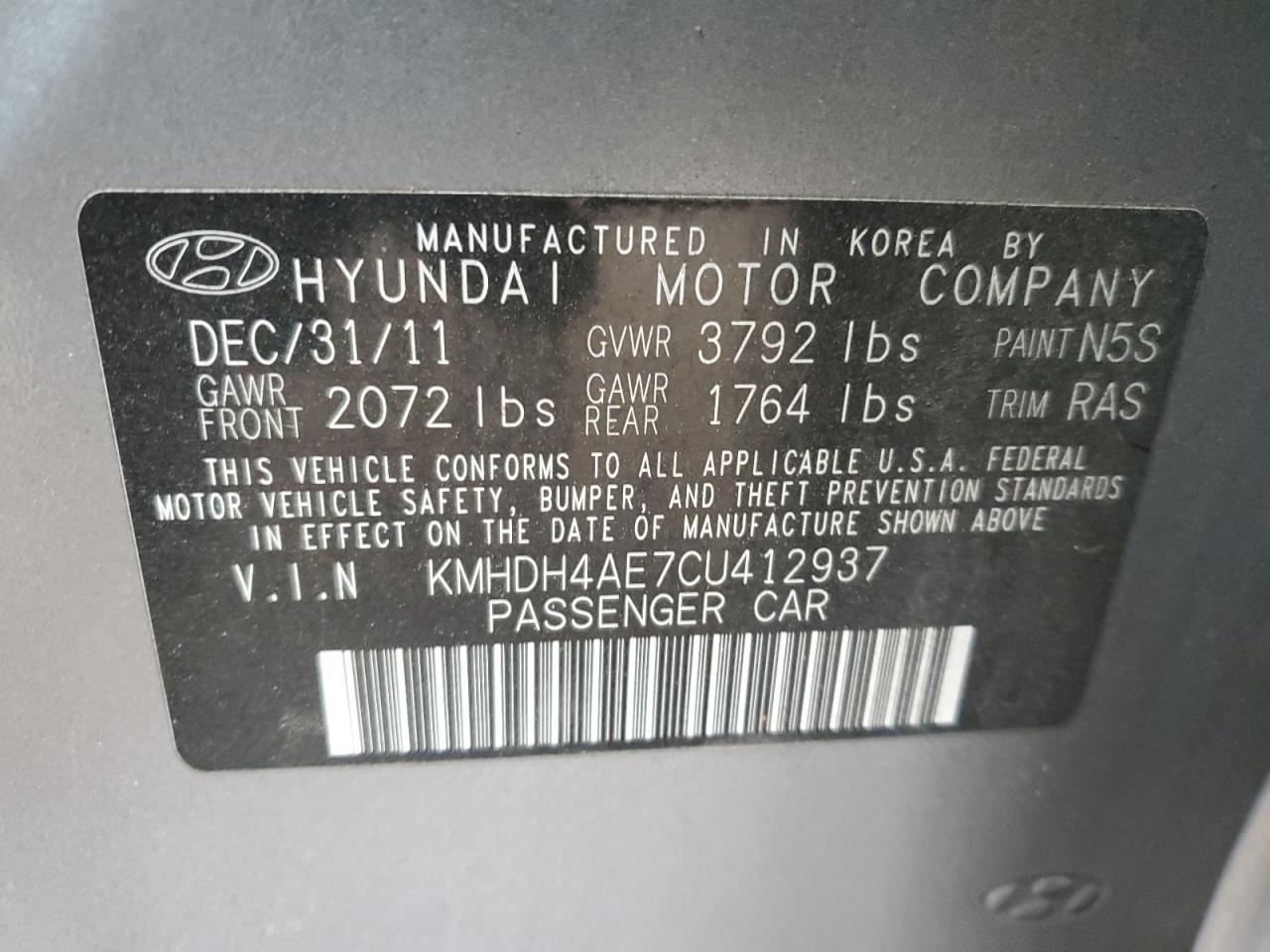 2012 Hyundai Elantra Gls VIN: KMHDH4AE7CU412937 Lot: 86394634