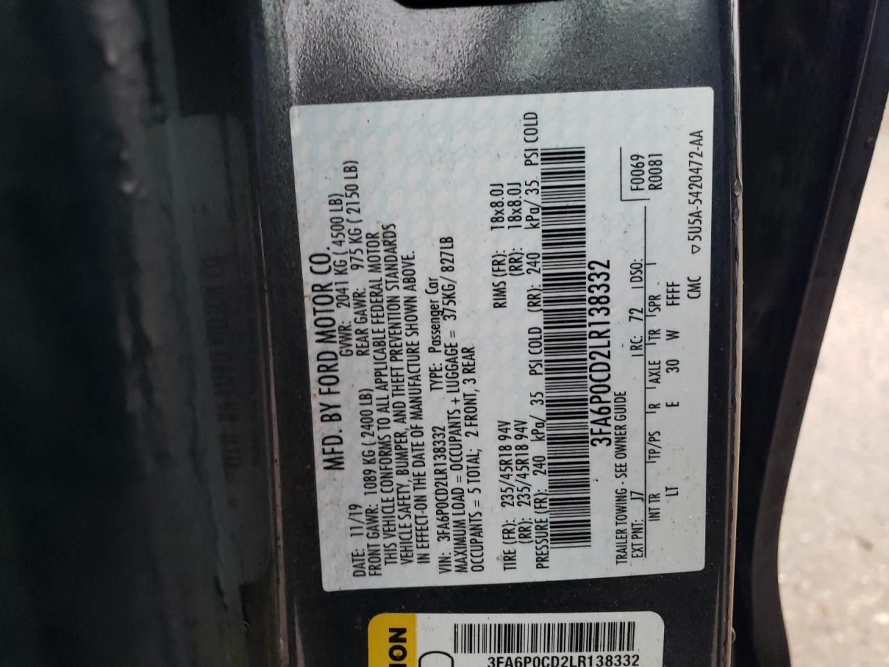 VIN 3FA6P0CD2LR138332 2020 FORD FUSION no.12