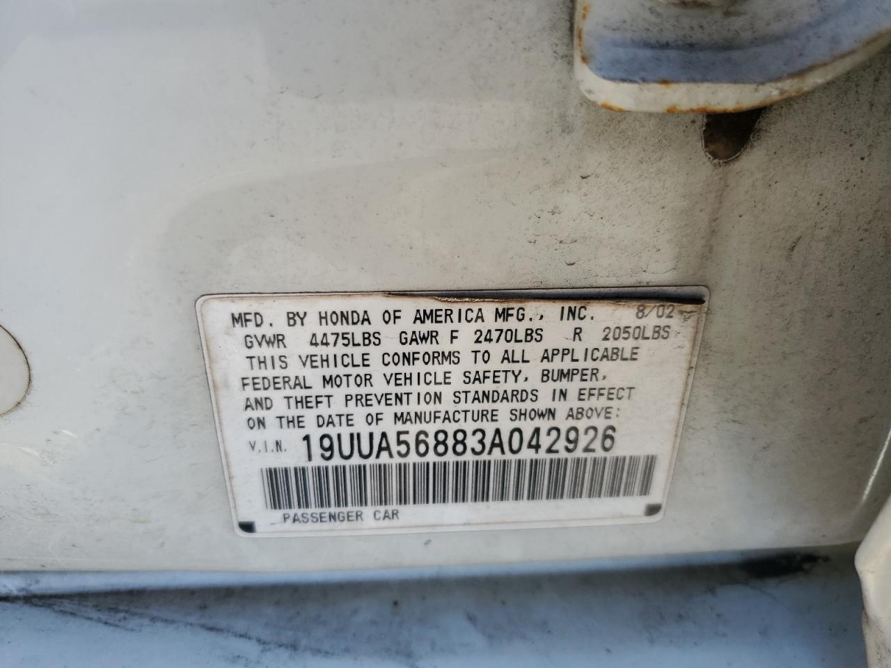 2003 Acura 3.2Tl Type-S VIN: 19UUA56883A042926 Lot: 83762884
