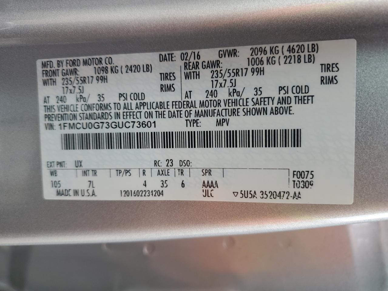 VIN 1FMCU0G73GUC73601 2016 FORD ESCAPE no.13