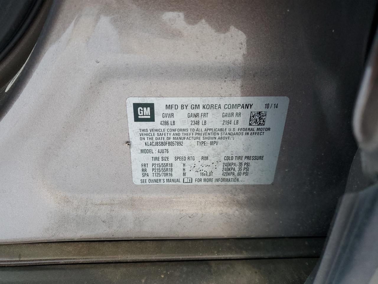 2015 BUICK ENCORE with FRONT END damage, VIN KL4CJBSB0FB057892