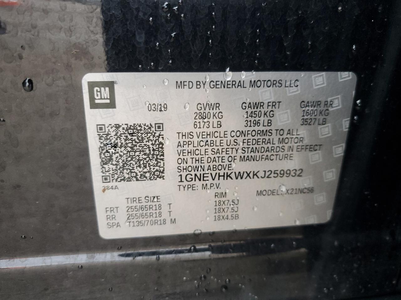 1GNEVHKWXKJ259932 CHEVROLET TRAVERSE 2019