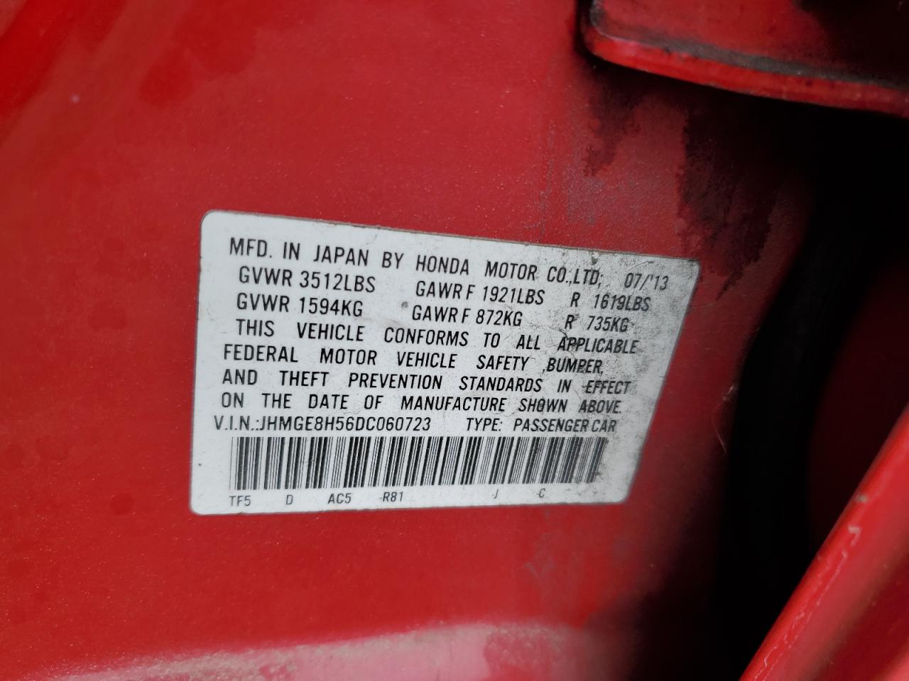 VIN JHMGE8H56DC060723 2013 HONDA FIT no.12