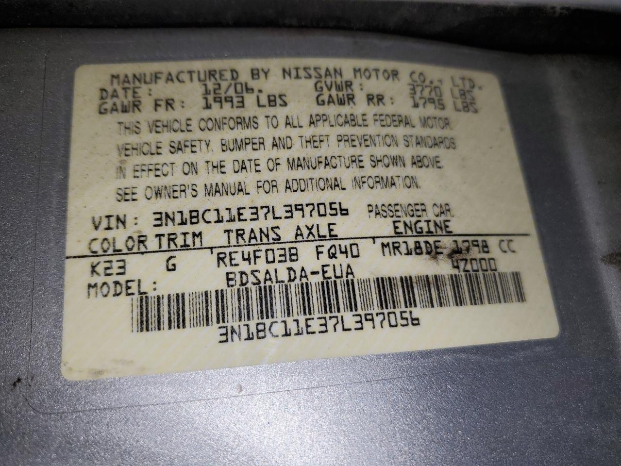 2007 Nissan Versa S VIN: 3N1BC11E37L397056 Lot: 85686094