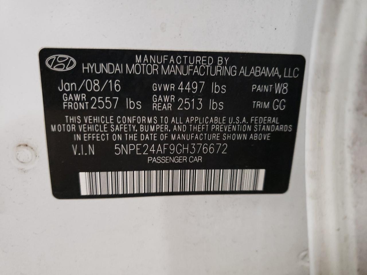 VIN 5NPE24AF9GH376672 2016 HYUNDAI SONATA no.12