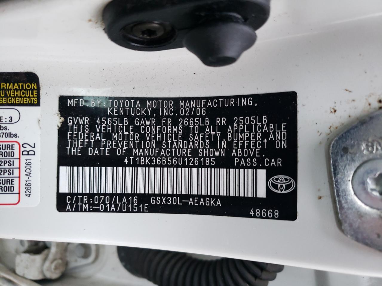 2006 Toyota Avalon Xl VIN: 4T1BK36B56U126185 Lot: 86307054