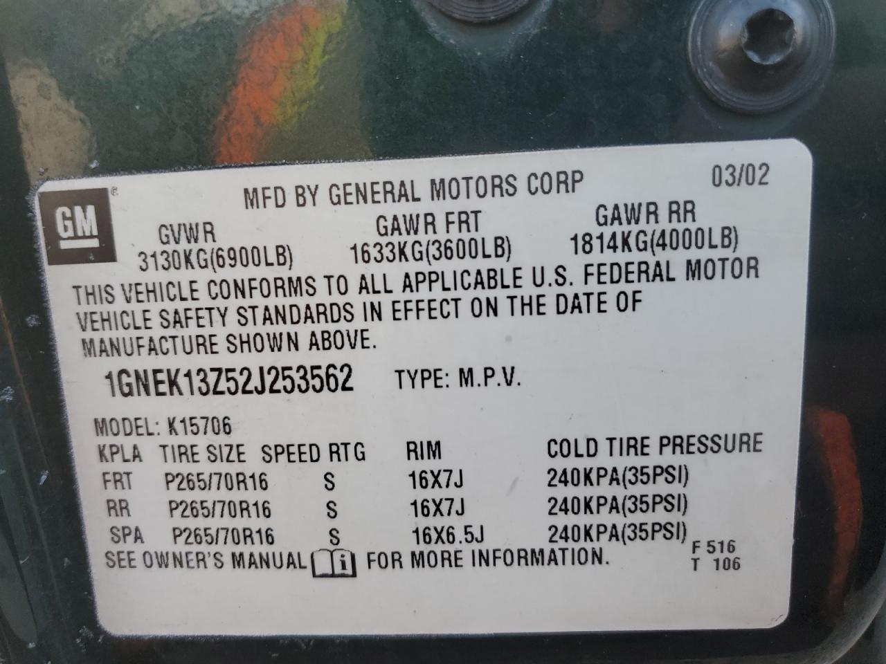 2002 Chevrolet Tahoe K1500 VIN: 1GNEK13Z52J253562 Lot: 82855314