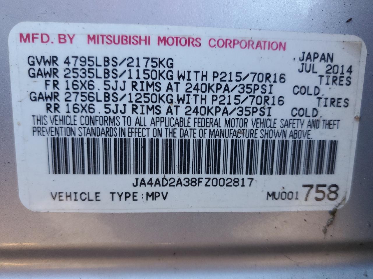 VIN JA4AD2A38FZ002817 2015 MITSUBISHI OUTLANDER no.13