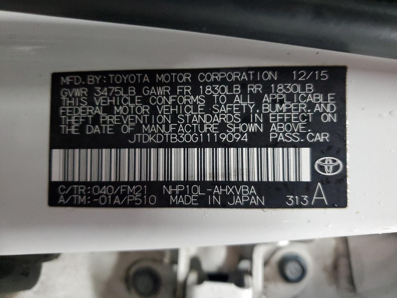 VIN JTDKDTB30G1119094 2016 TOYOTA PRIUS no.13