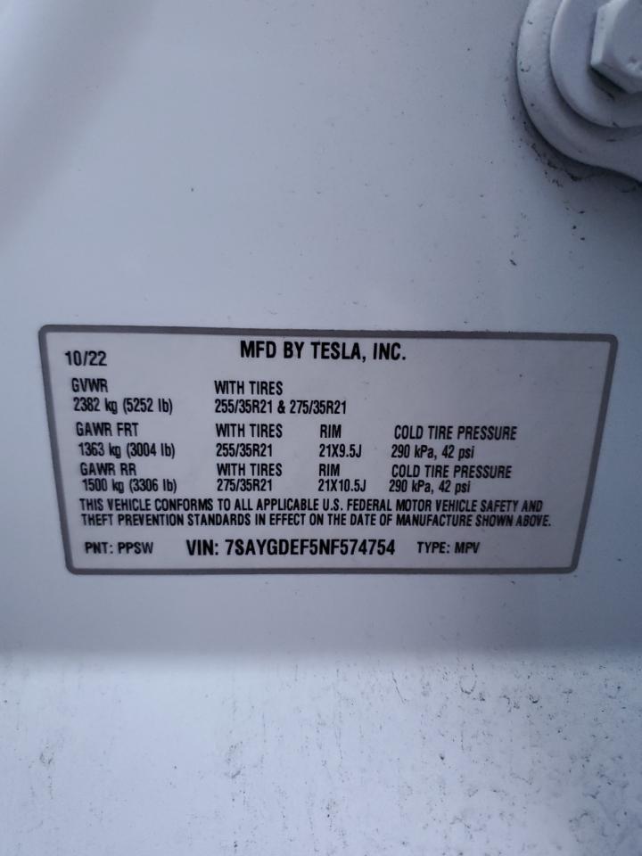 VIN 7SAYGDEF5NF574754 2022 TESLA MODEL Y no.13