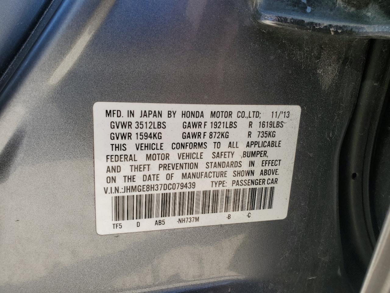 VIN JHMGE8H37DC079439 2013 HONDA FIT no.12