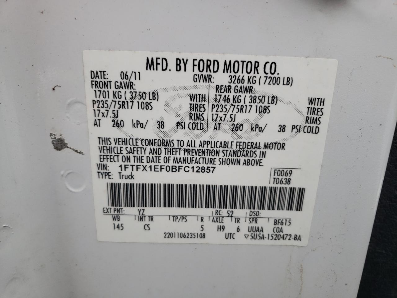 2011 Ford F150 Super Cab VIN: 1FTFX1EF0BFC12857 Lot: 86500024