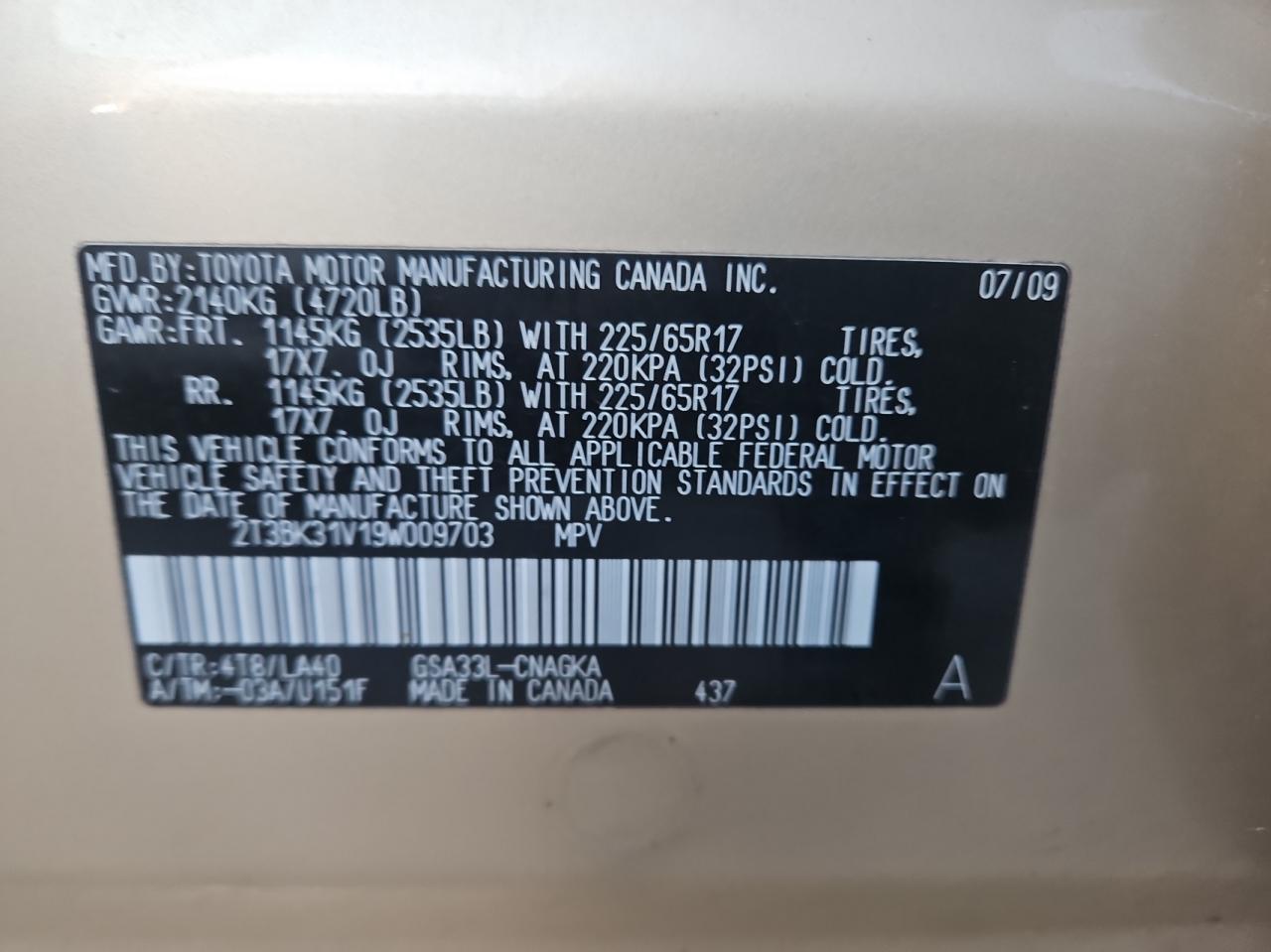 2009 Toyota Rav4 Limited VIN: 2T3BK31V19W009703 Lot: 83979084