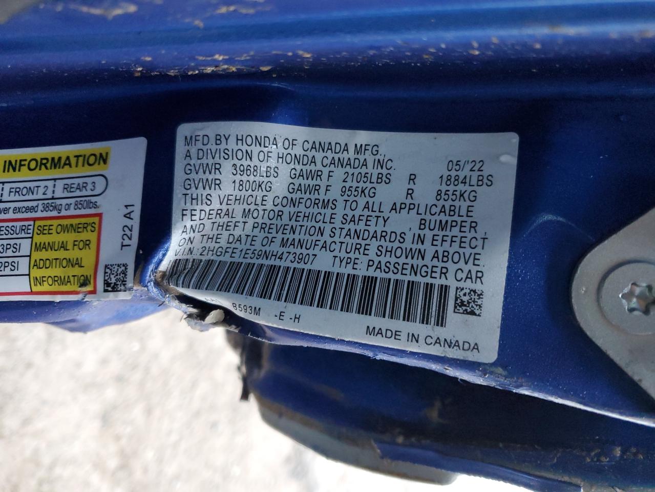 VIN 2HGFE1E59NH473907 2022 HONDA CIVIC no.13