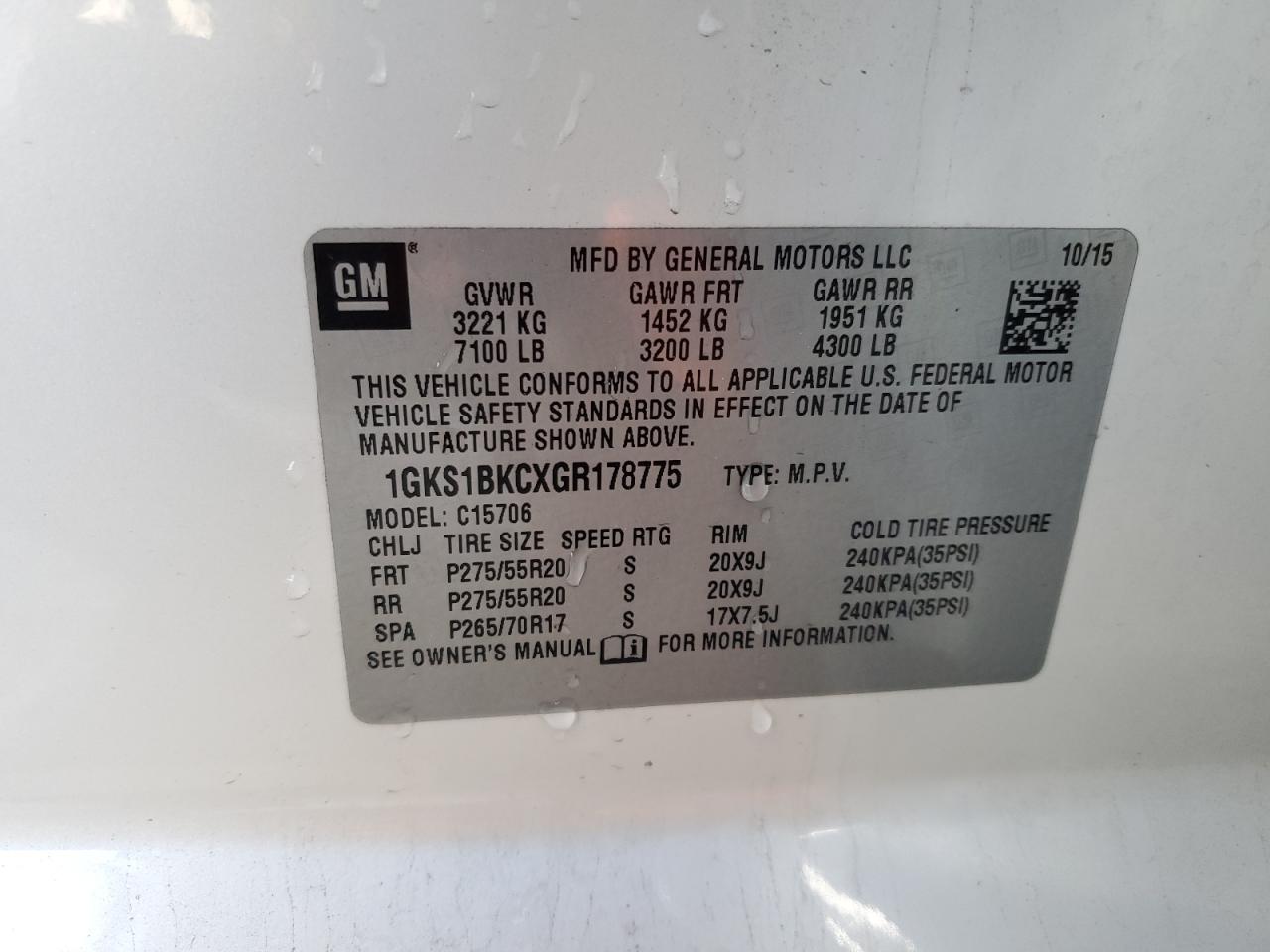 2016 GMC Yukon Slt VIN: 1GKS1BKCXGR178775 Lot: 82826064