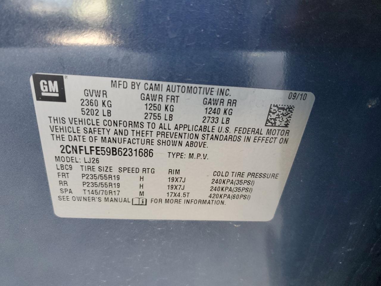 2011 Chevrolet Equinox Ltz VIN: 2CNFLFE59B6231686 Lot: 87080954