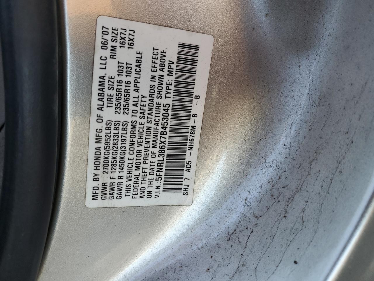 2007 Honda Odyssey Exl VIN: 5FNRL386X7B453045 Lot: 84077064