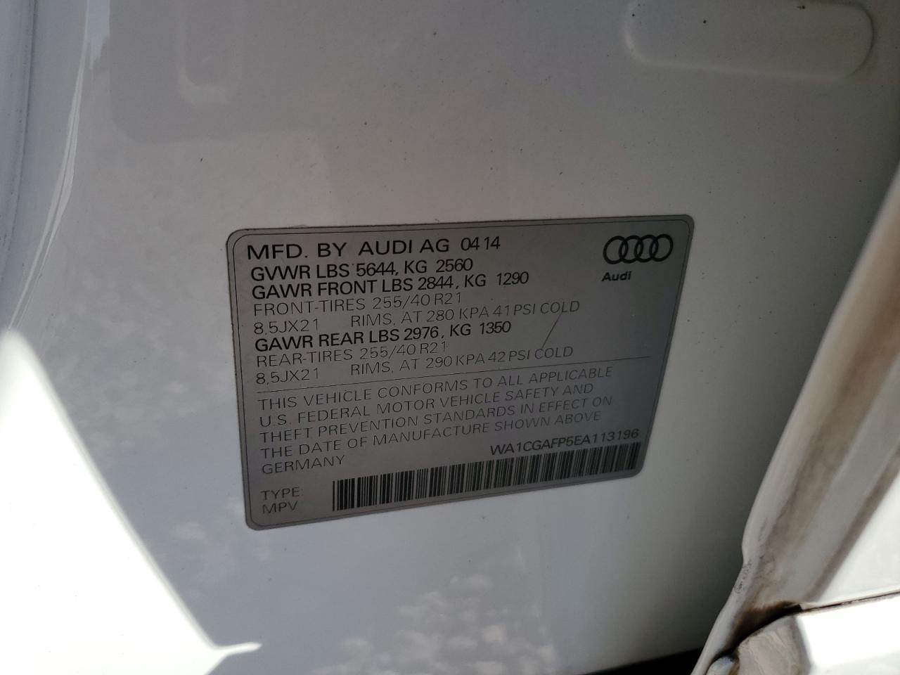 2014 Audi Sq5 Premium Plus VIN: WA1CGAFP5EA113196 Lot: 87652935